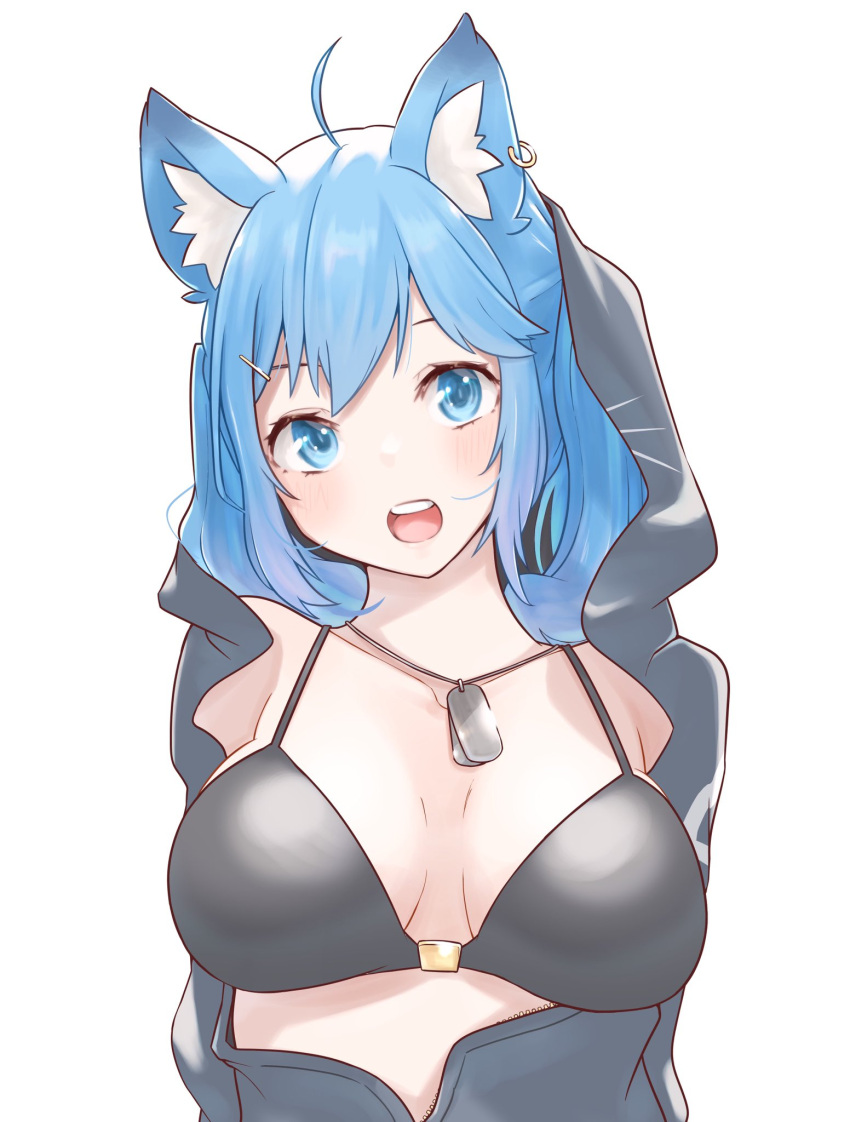 ahoge alternate_costume animal_ear_piercing animal_ears bikini black_bikini blue_eyes blue_hair blush breasts breasts_apart commentary_request dog_ears dog_girl dog_tags earrings female grey_hoodie highres hood hood_up hoodie jewelry large_breasts long_hair looking_at_viewer lovermoonlight medium_bangs nanashi_inc. open_clothes open_hoodie open_mouth round_teeth simple_background single_earring solo souya_ichika swimsuit teeth upper_body upper_teeth_only virtual_youtuber