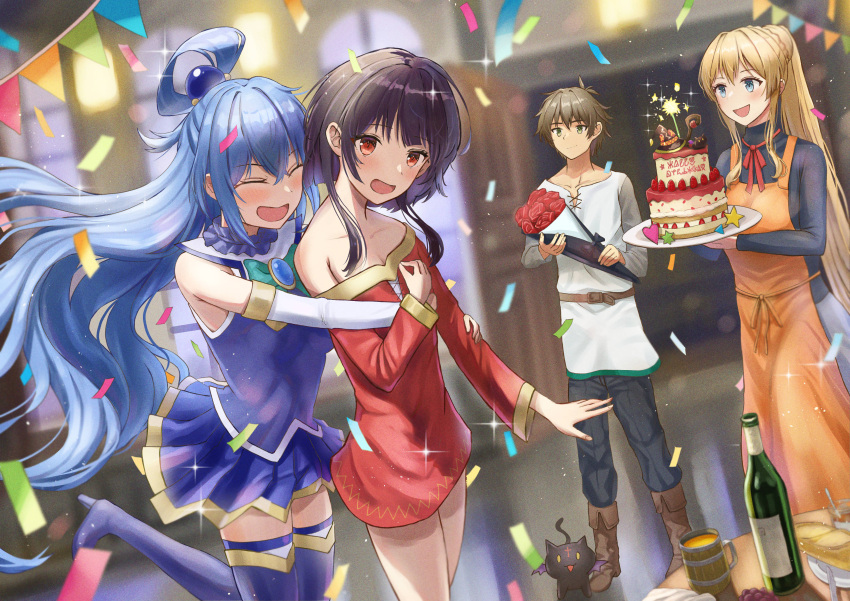 1boy 3girls :3 :d absurdres animal_ears apron aqua_(konosuba) aqua_bow aqua_bowtie bare_shoulders bat_ears belt birthday birthday_cake black_cat black_pants black_shirt blue_eyes blue_footwear blue_hair blue_shirt blue_skirt blurry blurry_background blush boots bottle bouquet bow bowtie braid breasts brooch brown_belt brown_footwear brown_hair bunting cake candle chomusuke cleavage commentary confetti cross-laced_clothes crown_braid cup darkness_(konosuba) door dress dutch_angle elbow_gloves fake_text feline film_grain fireworks floating_hair flower food fruit gloves green_eyes grey_skirt hair_between_eyes hair_over_shoulder happy_birthday hat heart high_heel_boots high_heels highres holding holding_bouquet holding_cake holding_food holding_plate hug hug_from_behind indoors isome jewelry kono_subarashii_sekai_ni_shukufuku_wo! large_breasts layer_cake long_hair looking_at_another looking_at_viewer megumin mug multiple_girls off-shoulder_dress off_shoulder open_door open_mouth orange_apron pants plate pleated_skirt red_dress red_eyes red_flower red_rose rose satou_kazuma shirt short_dress short_hair short_hair_with_long_locks sidelocks single_hair_ring skirt sleeveless sleeveless_shirt small_breasts smile sparkle sparkler staff star_(symbol) strawberry strawberry_shortcake table thigh_boots thighhighs thighhighs_under_boots translated tunic turtleneck very_long_hair very_long_sleeves white_gloves white_shirt white_thighhighs window wine_bottle witch_hat yellow_eyes