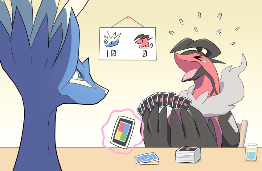 4_fingers ambiguous_form ambiguous_gender anthro beverage black_body black_face black_feathers blue_body blue_eyes blue_face blue_fur bodily_fluids card closed_eyes container cup duo feathers fingers fluffy fluffy_chest fur generation_6_pokemon glistening glistening_container glistening_cup glistening_eyes grey_body grey_feathers holding_card holding_object inside komanyachi legendary_pokemon levitation looking_at_another looking_forward magic multicolored_body multicolored_face multicolored_feathers multicolored_fur nintendo open_mouth pink_tongue pokemon pokemon_(species) pupils red_body red_face red_feathers scoreboard sign snout symbol-shaped_pupils tears tongue two_tone_body two_tone_face two_tone_fur uno unusual_pupils water white_body white_face white_fur white_nose x_pupils xerneas yveltal