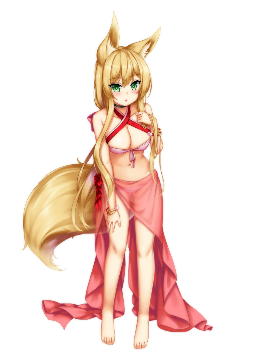 :o animal_ear_fluff animal_ears bangle bare_arms bare_legs bare_shoulders barefoot bikini black_choker blonde_hair blush bow bracelet breasts choker cleavage collarbone commentary criss-cross_halter female fox_ears fox_girl fox_tail front-tie_bikini_top front-tie_top full_body hairbow halterneck hand_up highres himeka_chiyako jewelry long_hair looking_at_viewer medium_breasts minaha_(playjoe2005) original parted_lips pink_bikini red_bow sarong see-through simple_background solo standing swimsuit tail very_long_hair white_background