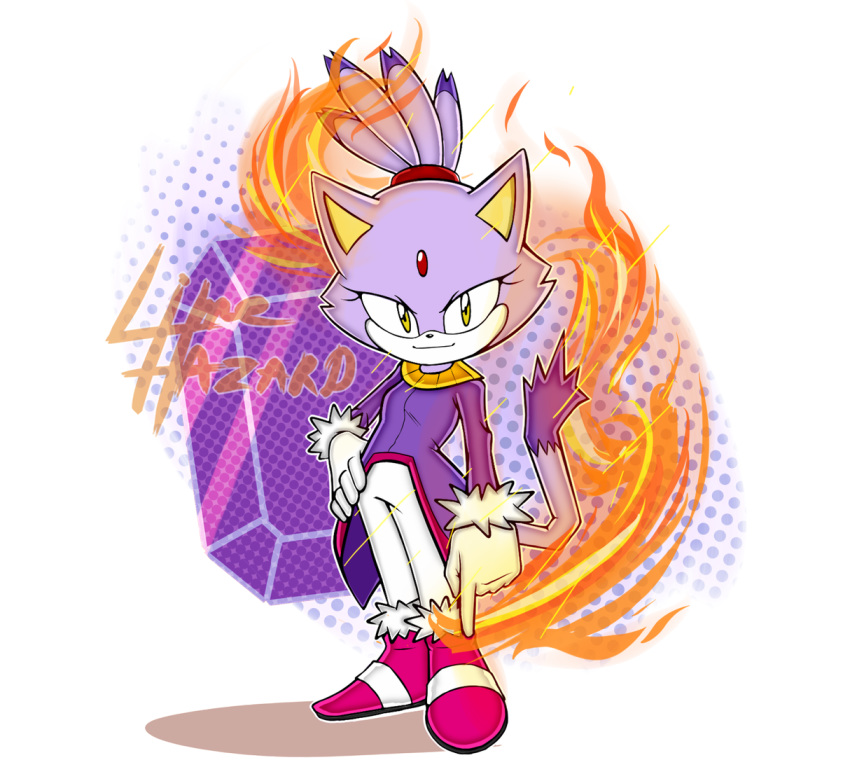 anthro blaze_the_cat clothed clothing domestic_cat eyelashes felid feline felis female fire footwear forehead_gem fur gem gesture gloves hand_gesture hand_on_hip handwear limehazard looking_at_viewer mammal on_model pointing purple_body purple_clothing purple_fur sega shoes simple_background sol_emerald solo sonic_the_hedgehog_(series) standing white_background white_body white_fur yellow_eyes