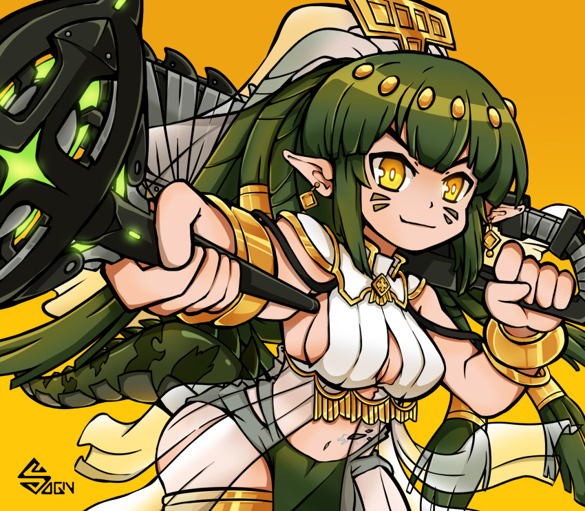 ambience_synesthesia arknights armlet armpits artist_logo artist_name bracelet breasts chainsaw cleavage crocodile_girl crocodilian_tail cut_bangs dreadlocks earrings egyptian egyptian_clothes female gavial_(arknights) green_hair highres holding holding_chainsaw holding_weapon jewelry long_hair looking_at_viewer midriff official_alternate_costume official_alternate_hairstyle pelvic_curtain pointy_ears revealing_clothes sideboob sogin solo tail weapon yellow_background yellow_eyes yellow_headwear