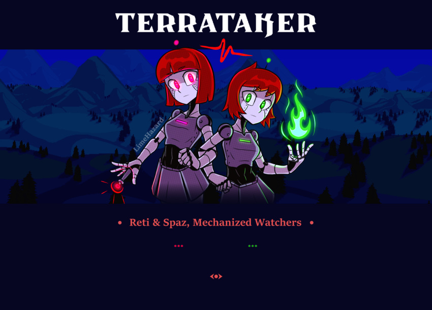 breasts duo english_text entwined_arms eyelashes female fire green_eyes hair helltaker humanoid limehazard looking_at_viewer machine not_furry red_eyes red_hair robot robot_humanoid terraria text the_twins_(terraria)