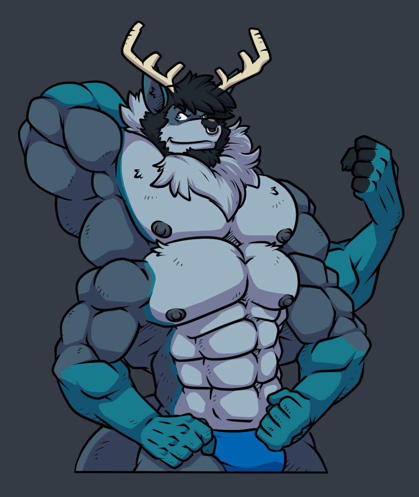 4_arms 4_nipples 4_pecs anthro antlers bulge clothing deer facial_piercing hi_res horn hybrid kangaroo macropod male mammal marsupial multi_arm multi_limb multi_nipple multi_pecs multifur muscular muscular_male new_world_deer nipples nose_piercing nose_ring pecs piercing rackun reindeer ring_piercing solo standing underwear