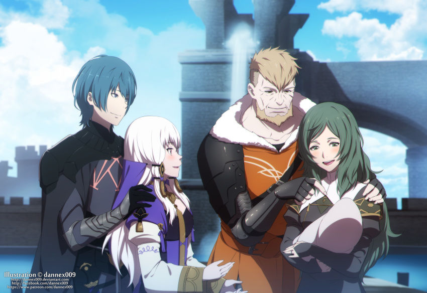 2boys 2girls armor artist_name baby beard black_gloves blue_eyes blue_hair blue_sky brown_hair byleth_(fire_emblem) byleth_(male)_(fire_emblem) closed_mouth cloud commentary commission dannex009 day dress english_commentary facial_hair father_and_son fire_emblem fire_emblem:_three_houses from_side gloves green_eyes green_hair hair_ornament highres husband_and_wife if_they_mated jeralt_reus_eisner long_hair long_sleeves lysithea_von_ordelia mother-in-law_and_daughter-in-law mother_and_son multiple_boys multiple_girls open_mouth outdoors short_hair sitri_(fire_emblem) sky smile spoilers watermark web_address white_hair