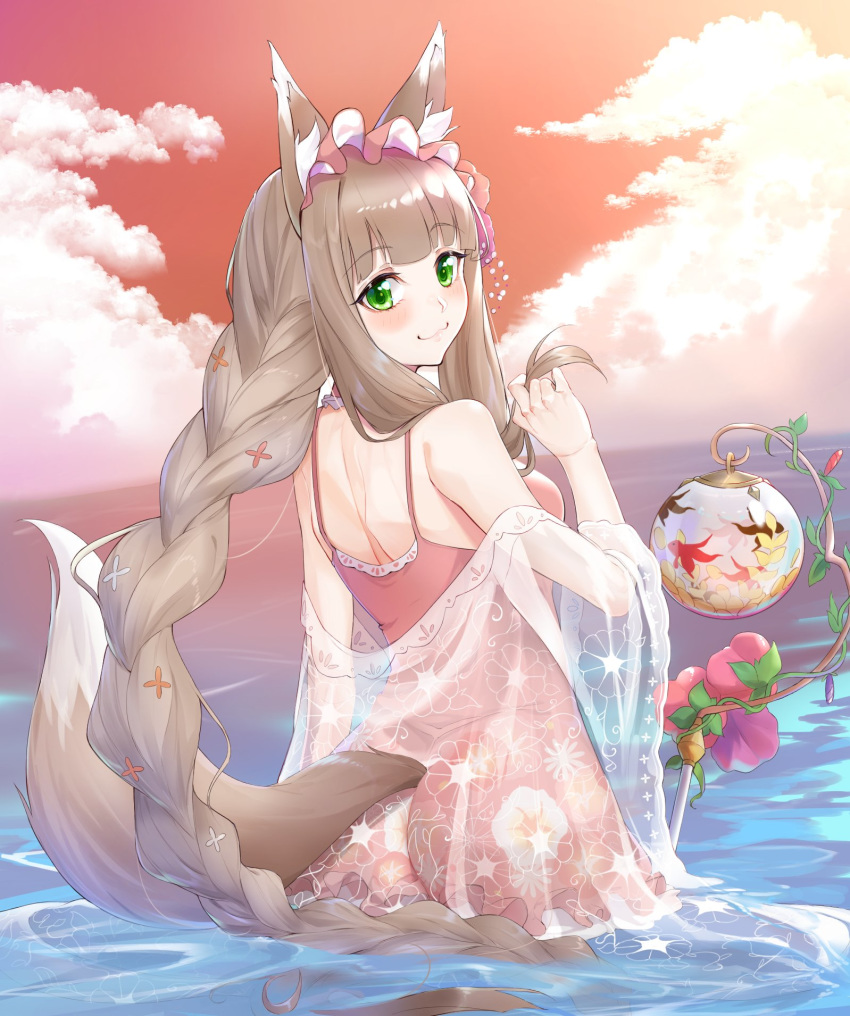 :3 animal_ear_fluff animal_ears ass bare_shoulders blunt_bangs blush braid breasts brown_hair casual_one-piece_swimsuit closed_mouth cloud cloudy_sky commentary female floral_print flower fox_ears fox_girl fox_tail green_eyes highres horizon long_hair looking_at_viewer looking_back maho_(princess_connect!) maho_(summer)_(princess_connect!) medium_breasts ocean one-piece_swimsuit orange_sky outdoors pink_flower pink_one-piece_swimsuit princess_connect! see-through shimon_(31426784) sidelocks single_braid sky smile solo swimsuit tail very_long_hair water