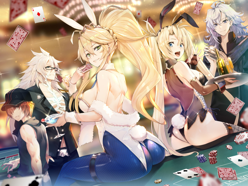 2girls 3boys alcohol animal_ears artoria_pendragon_(fate) artoria_pendragon_(swimsuit_ruler)_(fate) ass blonde_hair blue_eyes bradamante_(fate) bradamante_(welcome_bunny)_(fate) braid bridal_gauntlets brown_eyes card casual chandelier cocktail_glass commentary cup dice drinking_glass fake_animal_ears fate/apocrypha fate/grand_order fate_(series) fishnet_pantyhose fishnets fuuma_kotarou_(fate) fuuma_kotarou_(shinobi_attire_for_summer_enjoyment)_(fate) glasses green_eyes grey_hair hat highres long_hair merlin_(camelot_&_co)_(fate) merlin_(fate) multiple_boys multiple_girls pantyhose playboy_bunny poker_chip poker_table ponytail rabbit_ears rabbit_tail red_hair siegfried_(fate) siegfried_(super_cool_biz)_(fate) spiked_hair table tail teddy_(khanshin) tray twintails very_long_hair