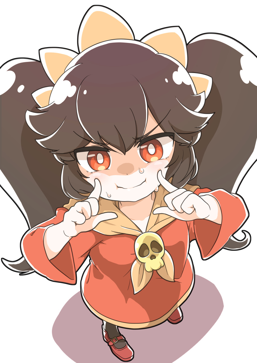 absurdres ashley_(warioware) big_hair black_hair dress female fingers_to_cheeks forced_smile hairband highres long_hair looking_at_viewer merugamu_melgum orange_hairband pantyhose red_dress red_eyes red_footwear sailor_collar skull solo sweat tiara twintails very_long_hair warioware white_background wide_sleeves yellow_sailor_collar