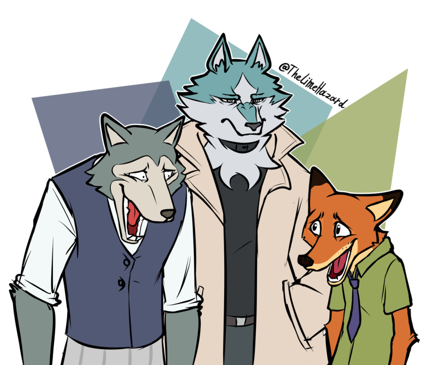 2020 anthro beastars blue_body blue_fur brand_new_animal canid canine canis clothed clothing crossover disney fox fur green_clothing green_shirt green_topwear grey_body grey_fur group hand_in_pocket laugh laughing_wolves_meme legoshi_(beastars) limehazard male mammal meme necktie nick_wilde open_mouth orange_body orange_fur pockets red_fox shirou_ogami shirt simple_background studio_trigger topwear true_fox unimpressed white_background wolf zootopia