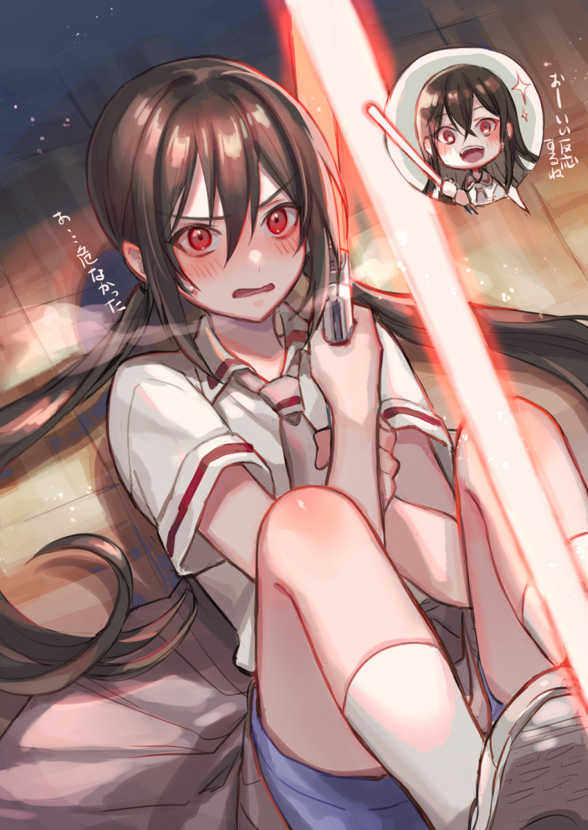 2girls asobi_asobase blush brown_hair collared_shirt energy_sword hair_between_eyes highres holding holding_weapon honda_hanako kneehighs legs_up lightsaber low_twintails lying multiple_girls necktie on_back open_mouth red_eyes school_uniform shirt shoes shorts shorts_under_skirt sidelocks skirt socks suzaku_(zaku6584) sword translation_request twintails weapon white_shirt