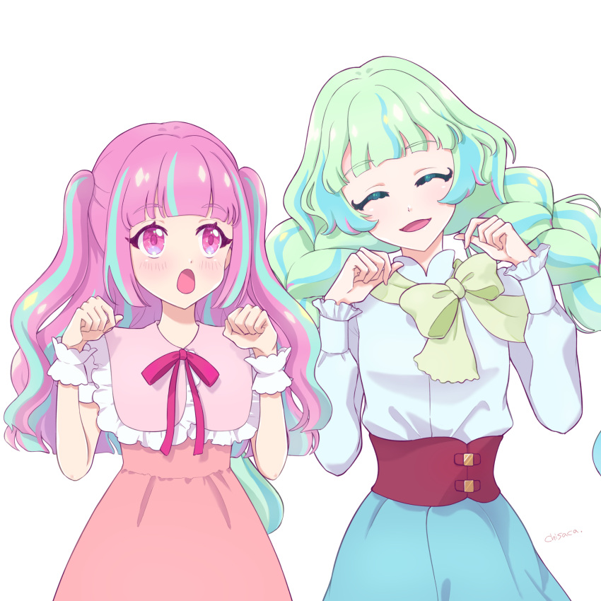 2girls :d :o ^_^ aikatsu!_(series) aikatsu_planet! ann_(aikatsu_planet!) artist_name blue_hair blue_skirt blunt_bangs blush bow bowtie braid cat_day chisaca closed_eyes colored_eyelashes commentary_request dress facing_viewer gem_(symbol) green_bow green_bowtie green_hair hands_up high-waist_skirt highres kurimu_ann long_hair looking_at_another loose_bowtie multicolored_eyes multicolored_hair multiple_girls neck_ribbon open_mouth paw_pose pink_dress pink_eyes pink_hair pink_ribbon purple_eyes q-pit red_ribbon ribbon shirt simple_background skirt smile streaked_hair tsukishiro_ayumi twin_braids twintails two_side_up upper_body very_long_hair white_background white_shirt wrist_cuffs