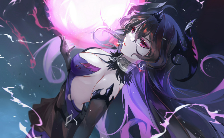 absurdres backless_dress backless_outfit black_hair breasts cleavage collar dress earrings elbow_gloves epic_seven female gloves hair_between_eyes halterneck hand_up highres horns jewelry long_hair looking_at_viewer looking_to_the_side medium_breasts purple_eyes solo specter_tenebria_(dark_tyrant)_(epic_seven) specter_tenebria_(epic_seven) tenebria_(epic_seven) tiara vardan