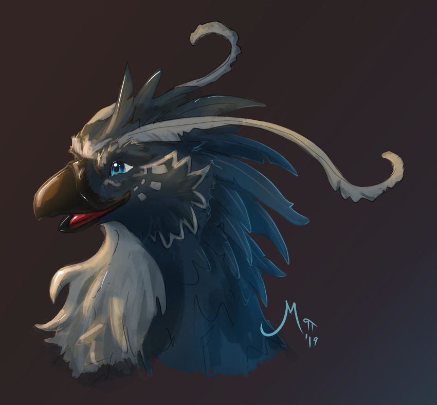 2019 ambiguous_gender avian beak bird blue_body blue_eyes blue_feathers feathers hi_res long_feathers magpi simple_background smile solo tongue white_body white_feathers