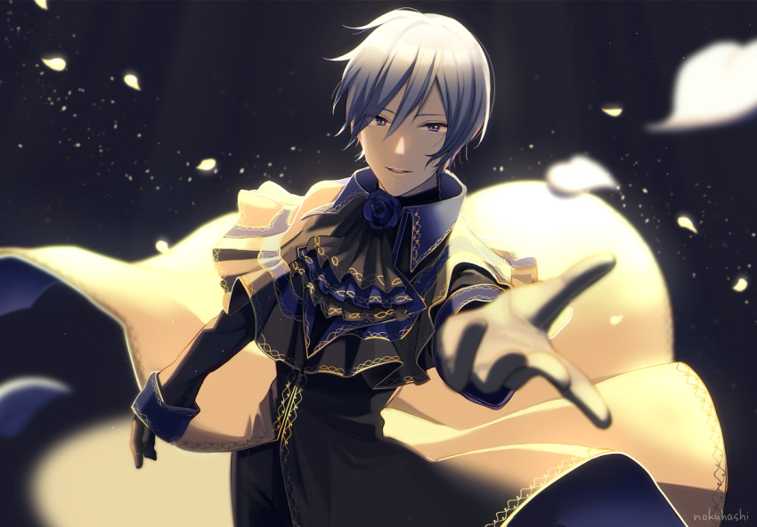 1boy artist_name black_background black_capelet black_gloves black_robe blue_eyes blue_hair blurry blurry_foreground capelet commentary falling_petals foreshortening gloves kaito_(vocaloid) looking_at_viewer male_focus nokuhashi outstretched_arm parted_lips petals project_diva_(series) reaching reaching_towards_viewer robe rosa_blue_(module) smile spotlight upper_body vocaloid