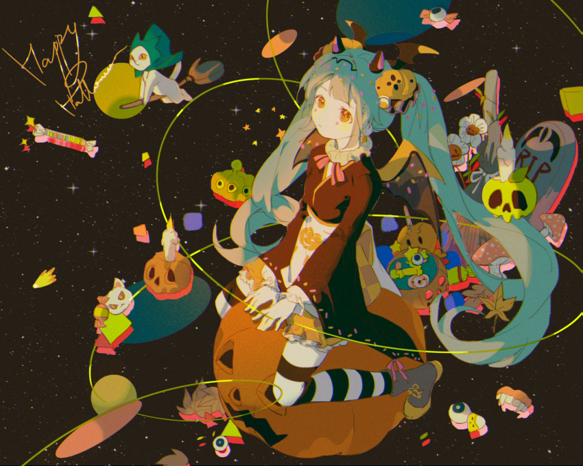 balabling between_legs black_thighhighs blue_hair boots breasts brown_kimono candle candy closed_mouth collar commentary creature earrings english_commentary female food frilled_collar frilled_sleeves frills full_body green_ribbons grey_footwear hair_ornament halloween hand_between_legs hatsune_miku head_wings highres horns japanese_clothes jewelry kimono long_hair long_sleeves looking_away looking_up orange_eyes pumpkin ribbon riding sitting small_breasts solo star_(sky) starry_background striped_clothes striped_thighhighs thighhighs tombstone twintails very_long_hair vocaloid white_thighhighs wide_sleeves wings