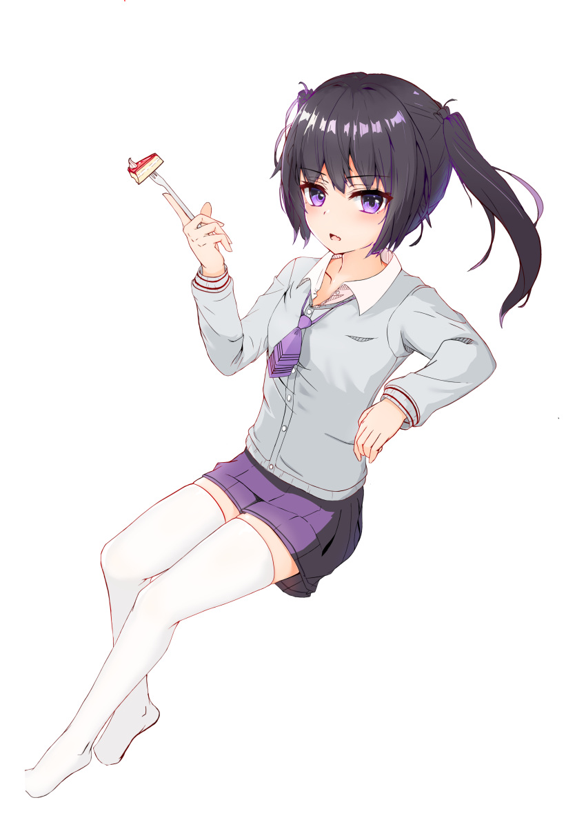 absurdres bad_id bad_pixiv_id black_hair breasts cake cake_slice canizzz collarbone collared_shirt dress_shirt female food fork full_body hand_up highres holding holding_fork long_sleeves looking_at_viewer necktie no_shoes open_mouth original purple_eyes purple_necktie purple_skirt school_uniform shirt side_ponytail simple_background sitting skirt small_breasts solo striped striped_necktie thighhighs thighs twintails white_background white_shirt white_thighhighs wing_collar