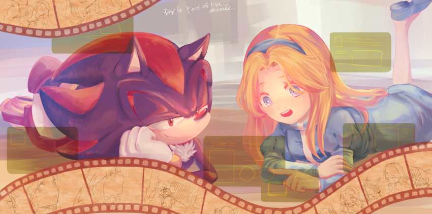 1boy :d blonde_hair blue_eyes blue_footwear blue_hairband blush female furry furry_male gerald_robotnik gloves hairband half-closed_eyes happy highres legs_up long_hair lying maria_robotnik on_stomach open_mouth red_eyes shadow_the_hedgehog smile sonic_(series) the_pose tondamanuke white_gloves