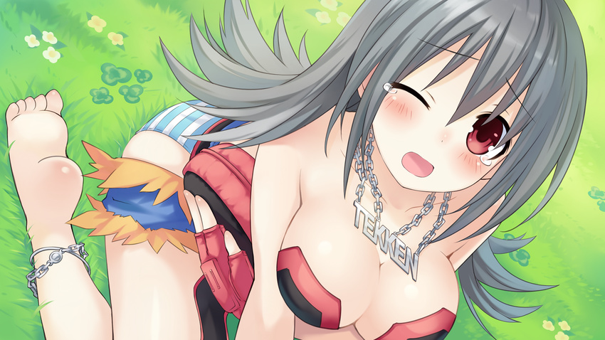 anklet barefoot blush breasts cleavage feet female game_cg grass grey_hair highres imageboard_desourced jewelry large_breasts long_hair necklace neptune_(series) non-web_source official_art one_eye_closed panties red_eyes sitting soles solo striped_clothes striped_panties tears tekken_(neptunia) toes tsunako underwear wariza wince