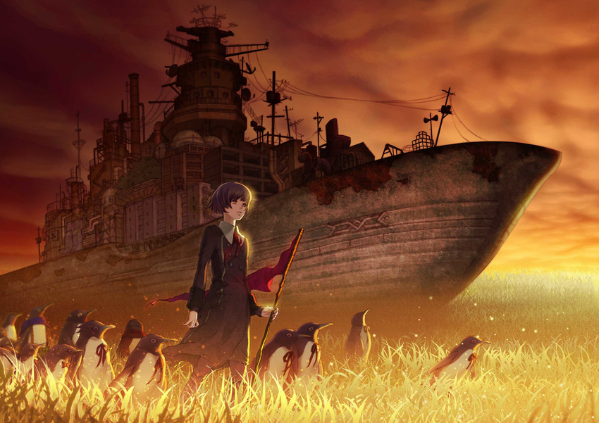 androgynous animal bag bird city cloud commentary_request evening female field fireflies flag flock grass hekoheko highres original outdoors penguin purple_hair ribbon scarf scenery ship short_hair sky solo standing sunset suspenders watercraft