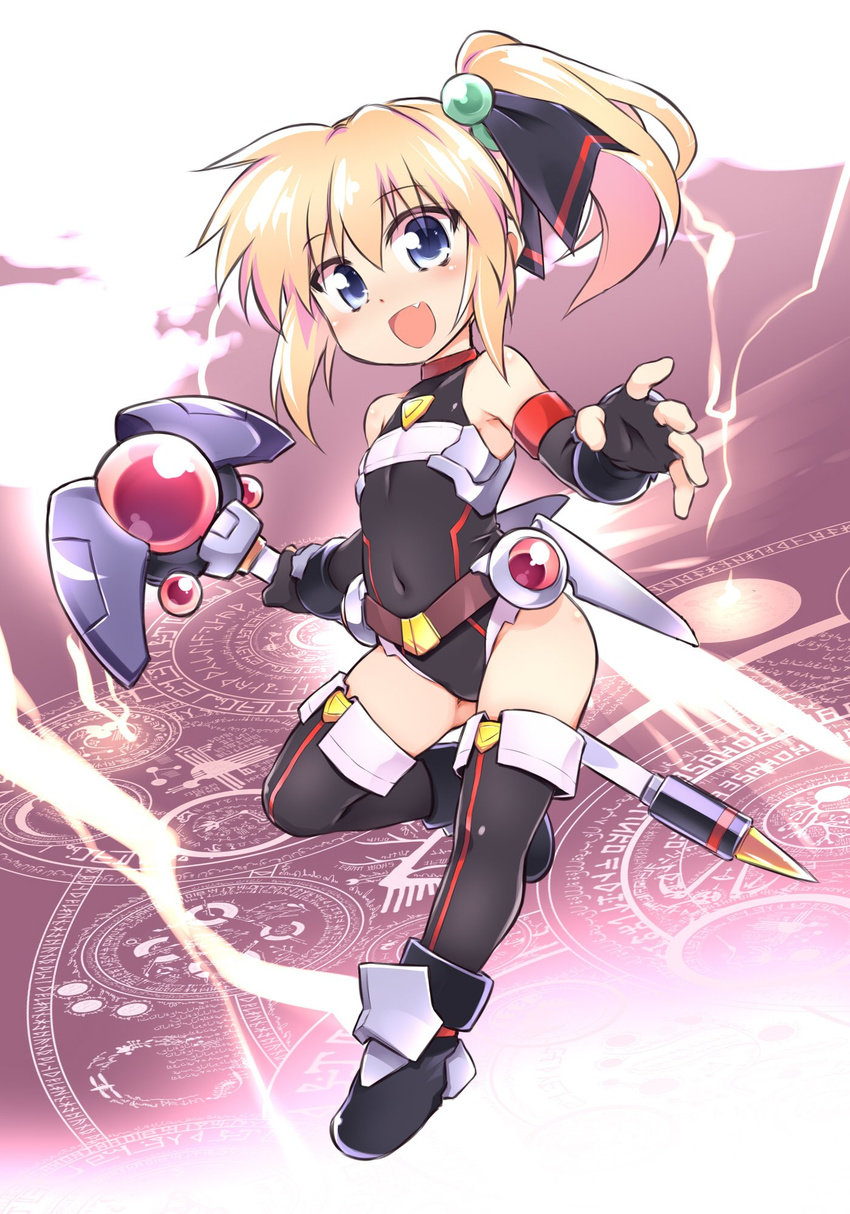 belt black_leotard black_thighhighs blonde_hair blue_eyes boots commentary_request covered_navel detached_sleeves electricity female fingerless_gloves gloves hair_bobbles hair_ornament highres holding leg_lift leotard long_hair magic_circle magical_girl oerba_yun_fang open_mouth original outstretched_arms outstretched_hand ponytail ribbon smile solo staff thighhighs tomoshibi_hidekazu weapon