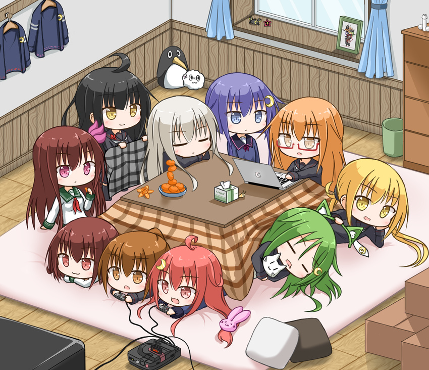 6+girls :3 :d ahoge animal_ears artist_self-reference black_hair black_serafuku brown_eyes brown_hair cat_ears closed_eyes closed_mouth commentary_request computer crescent crescent_hair_ornament encyclopedia_caterpillar failure_penguin fake_animal_ears fumizuki_(kancolle) glasses grey_hair hair_ornament high_ponytail highres kantai_collection kikuzuki_(kancolle) kisaragi_(kancolle) kotatsu laptop long_hair long_sleeves lying mikazuki_(kancolle) miss_cloud mochizuki_(kancolle) multiple_girls mutsuki_(kancolle) nagatsuki_(kancolle) necktie neo_armstrong_cyclone_jet_armstrong_cannon on_side on_stomach open_mouth ponytail purple_eyes purple_hair red_eyes red_hair remodel_(kantai_collection) satsuki_(kancolle) school_uniform serafuku short_hair smile table twintails under_kotatsu under_the_table uzuki_(kancolle) when_you_see_it yamato_tachibana yayoi_(kancolle) yellow_eyes |_|