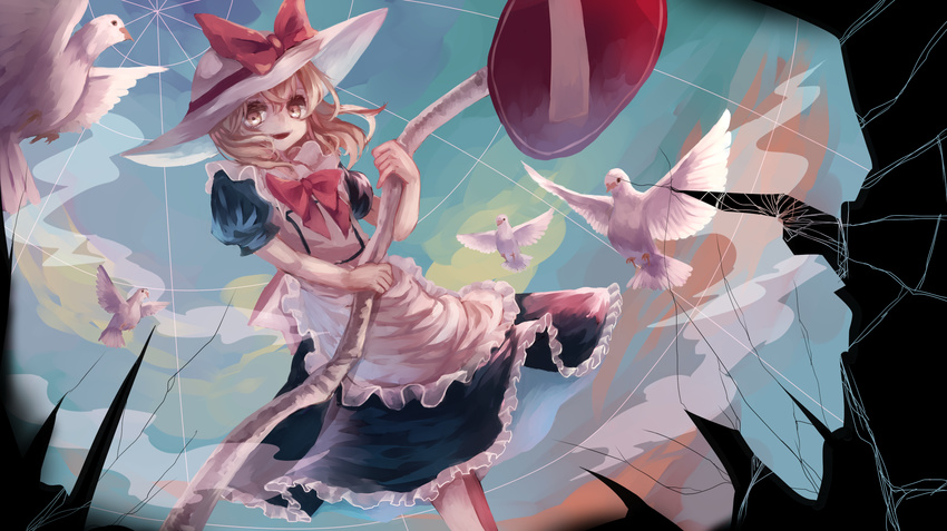 apron bird broken commentary dove female hat hat_ribbon highres ijen_(ljenejl) kana_anaberal light_brown_hair looking_at_viewer no_entry_sign puffy_short_sleeves puffy_sleeves ribbon road_sign short_sleeves sign solo sun_hat touhou touhou_(pc-98)