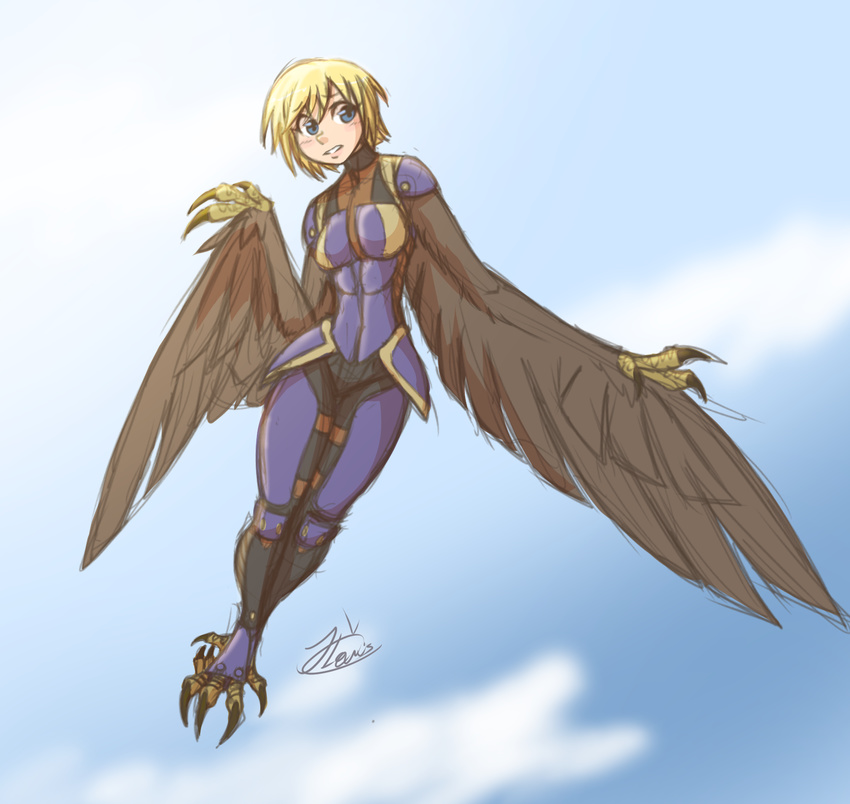 animal_humanoid armor avian avian_humanoid blonde_hair blue_eyes bodysuit brown_body brown_feathers claws clothing european_mythology feathered_wings feathers feet female fingers flying forte greek_mythology hair hair_between_eyes harpy hi_res humanoid looking_at_viewer mythological_avian mythological_creature mythology realistic_wings skinsuit solo talons thatweirdguyjosh tight_clothing toes wings