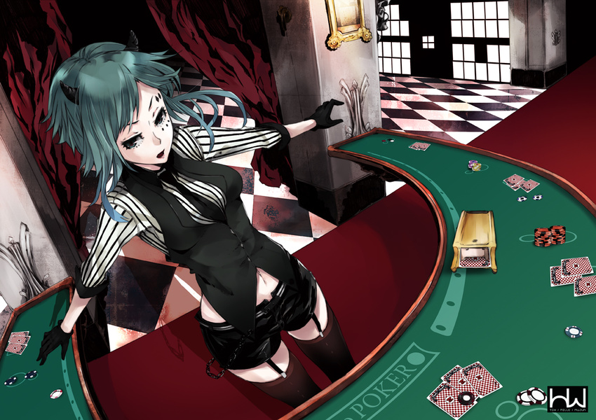 album_cover aqua_hair black_shorts card casino casino_card_table chains commentary_request cover facepaint female formal garter_straps gloves green_eyes gumi horns mille_(dieci) necktie photoshop_(medium) playing_card poker poker_chip poker_face_(vocaloid) shorts solo suit table thighhighs vocaloid