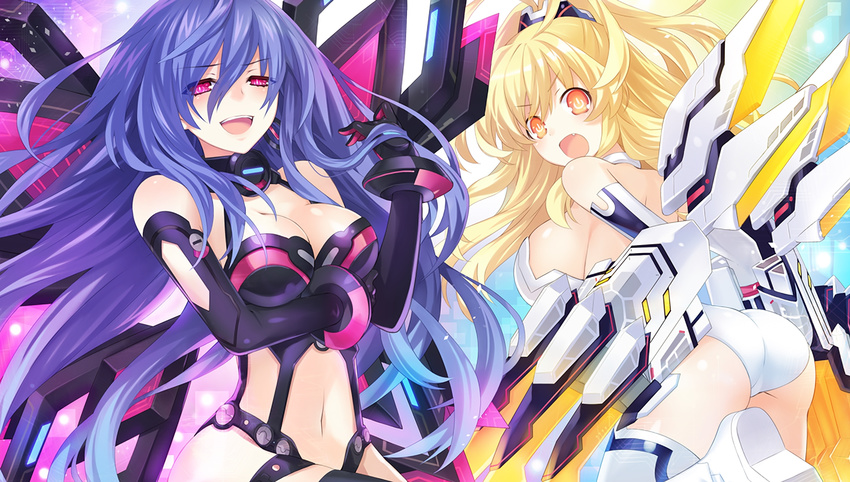 2girls absurdres ass blonde_hair breasts cleavage game_cg gloves highres imageboard_desourced iris_heart kami_jigen_game_neptune_v large_breasts long_hair looking_at_viewer multiple_girls navel neptune_(series) non-web_source oerba_yun_fang official_art orange_eyes purple_hair red_eyes smile symbol-shaped_pupils tsunako very_long_hair yellow_heart_(neptunia)