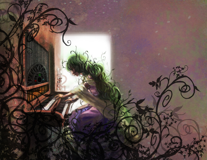 aya_namihei bad_id bad_pixiv_id commentary_request dorothy_woodstock female green_hair instrument organ_(instrument) photoshop_(medium) plant sekien_no_inganock solo steampunk_(liarsoft) vines