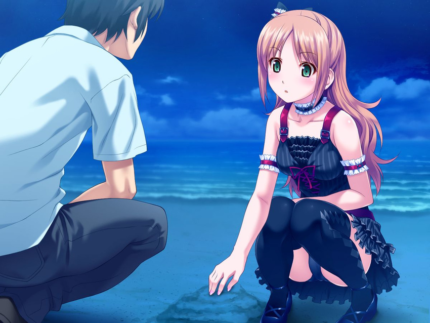 1boy beach black_dress black_hair black_legwear black_panties brown_hair dress e-hentai_sample female game_cg green_eyes hair_ornament image_sample jpeg_artifacts koutaro long_hair minazuki_izumi ocean outdoors panties pantyshot sky squatting straight striped_clothes striped_dress thighhighs tropical_kiss underwear vertical-striped_clothes vertical-striped_dress