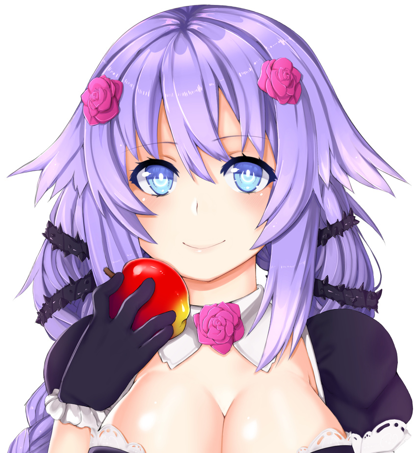 apple blue_eyes blue_hair blush breasts bright_pupils choujigen_game_neptune cleavage close-up closed_mouth cosplay detached_collar female food fruit gloves hair_between_eyes highres holding holding_food holding_fruit katerina_(rondo_duo) katerina_(rondo_duo)_(cosplay) large_breasts long_hair looking_at_viewer neptune_(series) otxoa60 puffy_short_sleeves puffy_sleeves purple_gloves purple_heart_(neptunia) rondo_duo short_sleeves smile solo