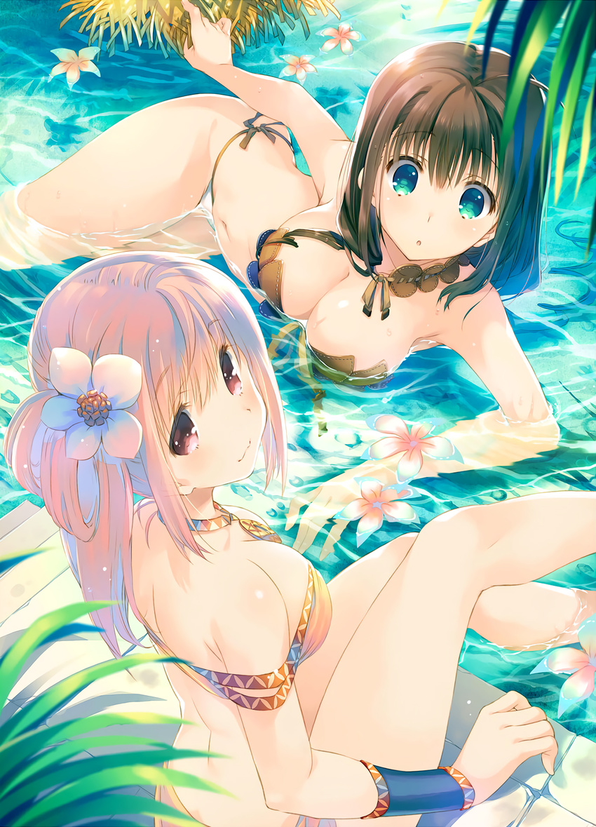 2girls :3 bandeau bikini black_hair breasts cleavage closed_mouth conette_st._honore dungeon_travelers_2 flower from_above green_eyes highres jewelry large_breasts long_hair looking_at_viewer looking_back lying medium_hair melvy_de_florencia mitsumi_misato multiple_girls navel necklace non-web_source on_side parted_lips partially_submerged photoshop_(medium) pink_eyes pink_hair side-tie_bikini_bottom side_ponytail sitting soaking_feet swimsuit wristband