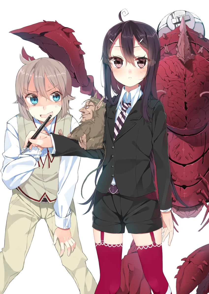 2boys absurdres ahoge black_hair blue_eyes brown_eyes brown_hair brown_jenkin canna_serio commentary_request container cover cover_page creature cthulhu_mythos female formal gender_request h_p_lovecraft hair_ornament hairclip highres koba laban_shrewsbery lovecraft_(mikan_shoujo_lovecraft) mi-go mikan_shoujo_lovecraft mouse_(animal) multiple_boys necktie pen rule_63 short_shorts shorts suit thighhighs