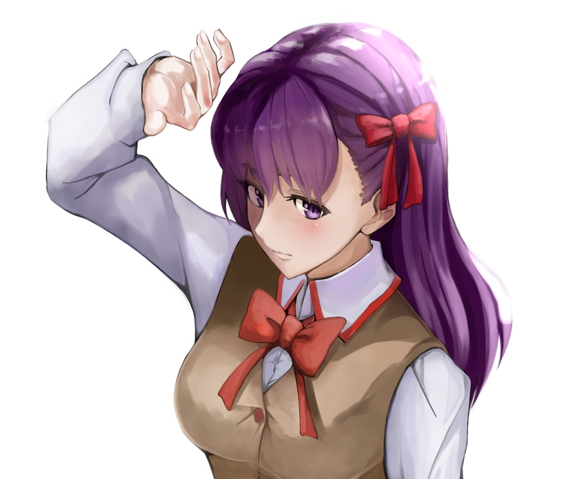 blush bow breasts closed_mouth commentary_request eyebrows fate/stay_night fate_(series) female hairbow kinpun_(fgxdw447) large_breasts long_hair long_sleeves looking_at_viewer matou_sakura purple_eyes purple_hair red_bow red_ribbon ribbon solo