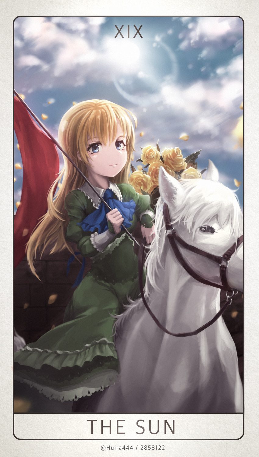 absurdres blonde_hair blue_eyes closed_mouth cloud cloudy_sky commentary_request day female flag highres holding holding_flag horse huira444 ib_(kouri) korean_commentary long_hair looking_at_viewer mary_(ib) outdoors pixiv_id sky smile solo twitter_username