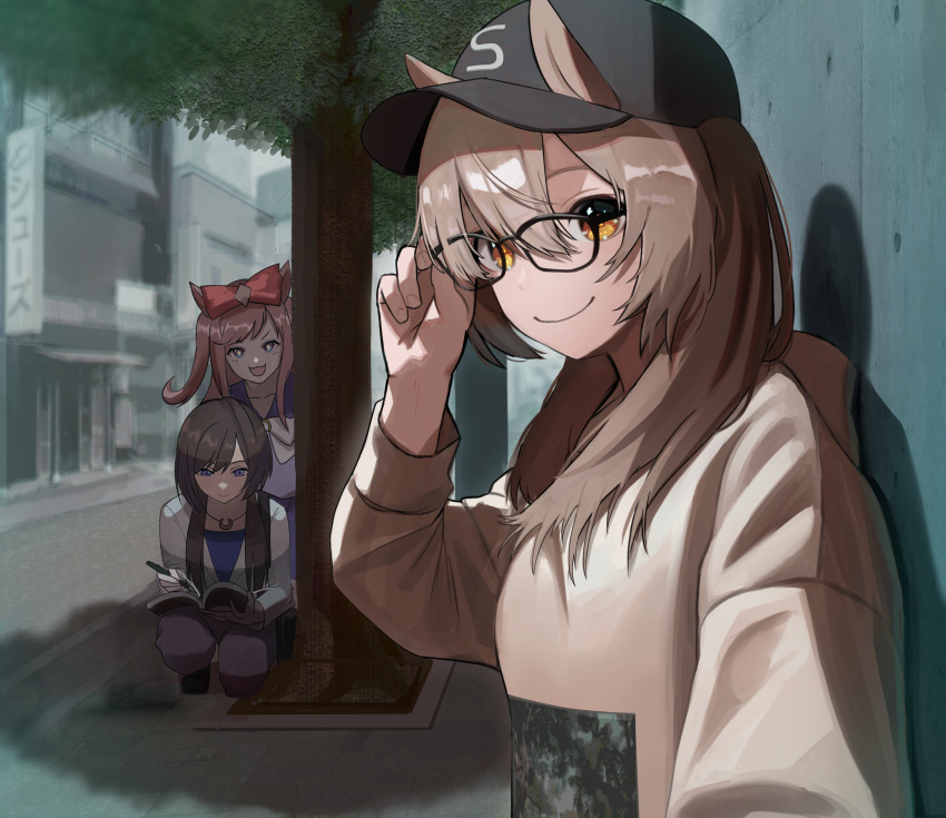 +_+ 3girls :3 adjusting_eyewear agnes_digital_(umamusume) alternate_costume alternate_hairstyle animal_ears bad_id bad_pixiv_id baseball_cap behind_tree blurry blurry_background bow bowtie brown_hair chigemisoneki collarbone commentary dating depth_of_field ears_through_headwear glasses hairbow hat highres holding holding_notebook holding_pen horse_ears horse_girl horseshoe_ornament incognito long_hair looking_at_viewer md5_mismatch medium_request multiple_girls nib_pen_(object) notebook otonashi_etsuko pen pink_hair pov purple_shirt red_bow resolution_mismatch sailor_collar sailor_shirt school_uniform shadow shirt sidelocks smart_falcon_(umamusume) source_smaller tracen_school_uniform umamusume white_bow white_bowtie winter_uniform yellow_eyes