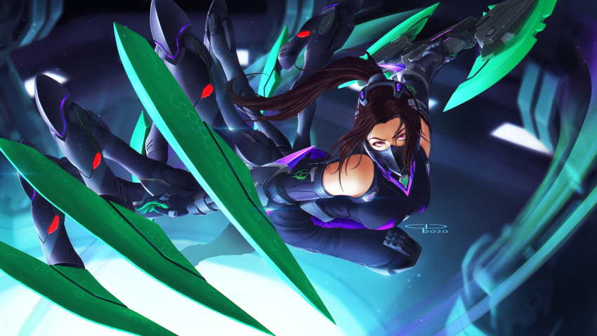 absurdres axe black_bodysuit bodysuit breasts brown_hair elbow_gloves extra_legs female floating_hair gio_tengco gloves hanabi_(mobile_legends) head_tilt highres holding holding_axe looking_at_viewer mask mecha_musume mechanical_legs medium_breasts mobile_legends:_bang_bang mouth_mask parted_bangs pink_eyes ponytail science_fiction solo