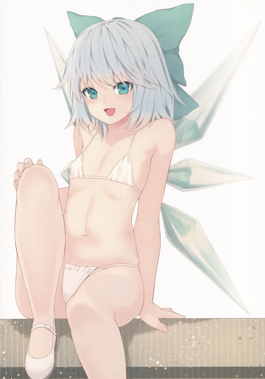 :d absurdres bare_shoulders bikini blue_eyes blue_hair blush bow breasts cirno collarbone covered_nipples fairy_wings female fingernails flat_chest hairbow highres ice ice_wings looking_at_viewer micro_bikini mikoma_sanagi nail_polish navel non-web_source oerba_yun_fang open_mouth pink_nails scan short_hair skin_fang skindentation small_breasts smile solo stomach strap_gap string_bikini swimsuit touhou white_bikini white_footwear wings