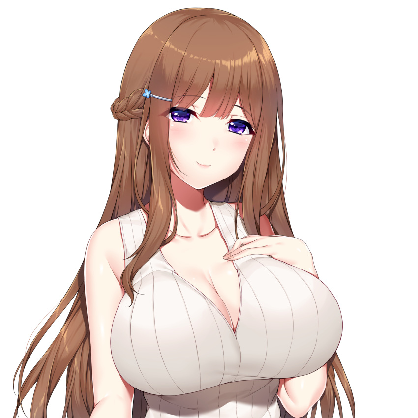 absurdres blue_eyes braid breasts brown_hair cleavage female hair_ornament hairclip hand_up highres large_breasts long_hair minamon_(vittel221) original second-party_source simple_background smile solo upper_body white_background