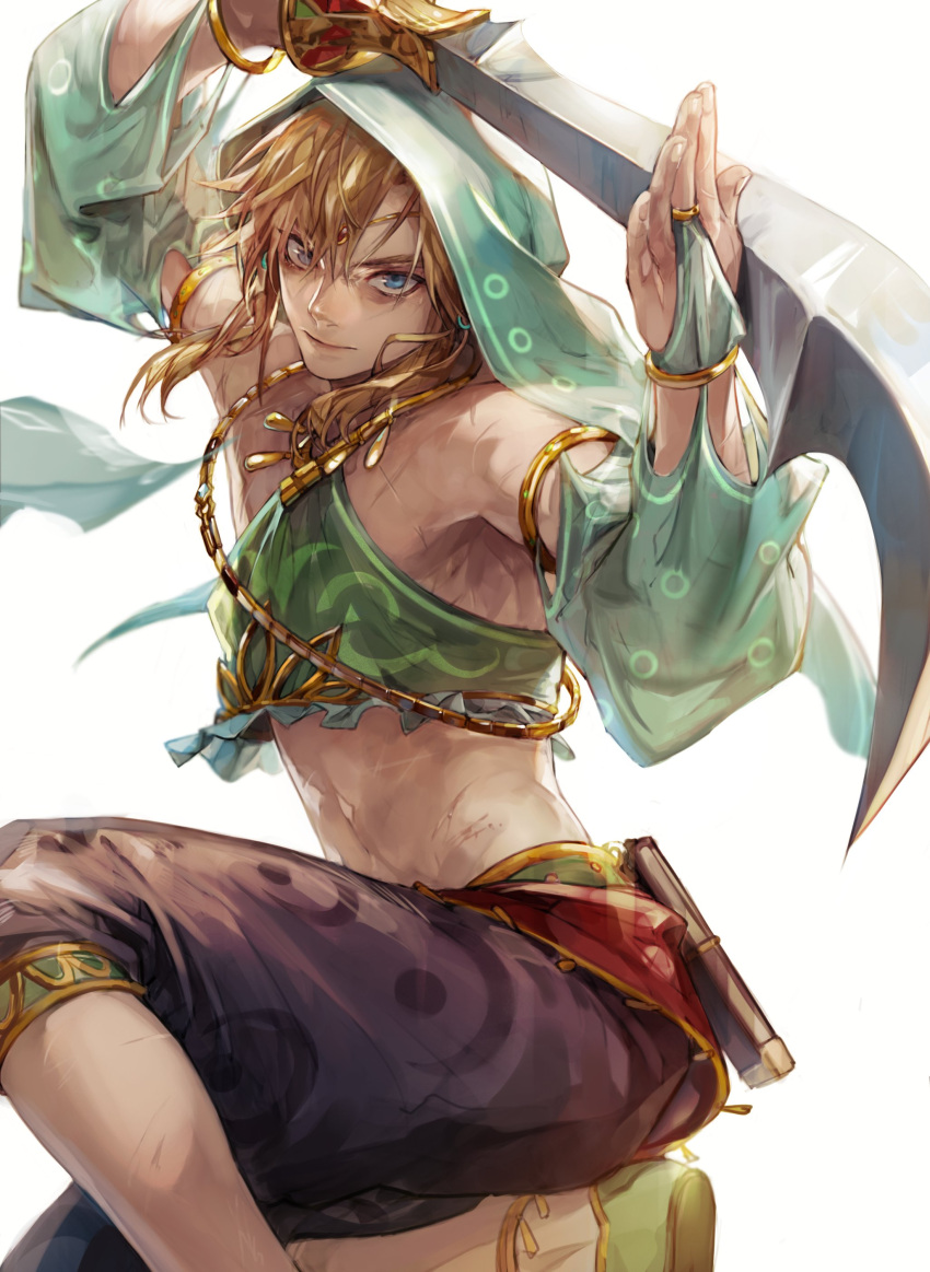 1boy absurdres armlet blonde_hair blue_eyes gerudo_set_(zelda) haban_(haban35) highres holding holding_sword holding_weapon link male_focus navel sword the_legend_of_zelda the_legend_of_zelda:_breath_of_the_wild weapon white_background