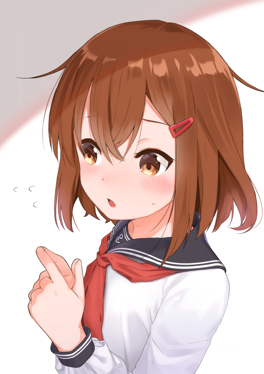 anchor anchor_symbol blush brown_eyes brown_hair commentary_request dx_(dekusu) female flying_sweatdrops hair_between_eyes hair_ornament hairclip highres ikazuchi_(kancolle) kantai_collection long_sleeves neckerchief oerba_yun_fang open_mouth red_neckerchief sailor_collar school_uniform serafuku simple_background solo sweat upper_body white_background