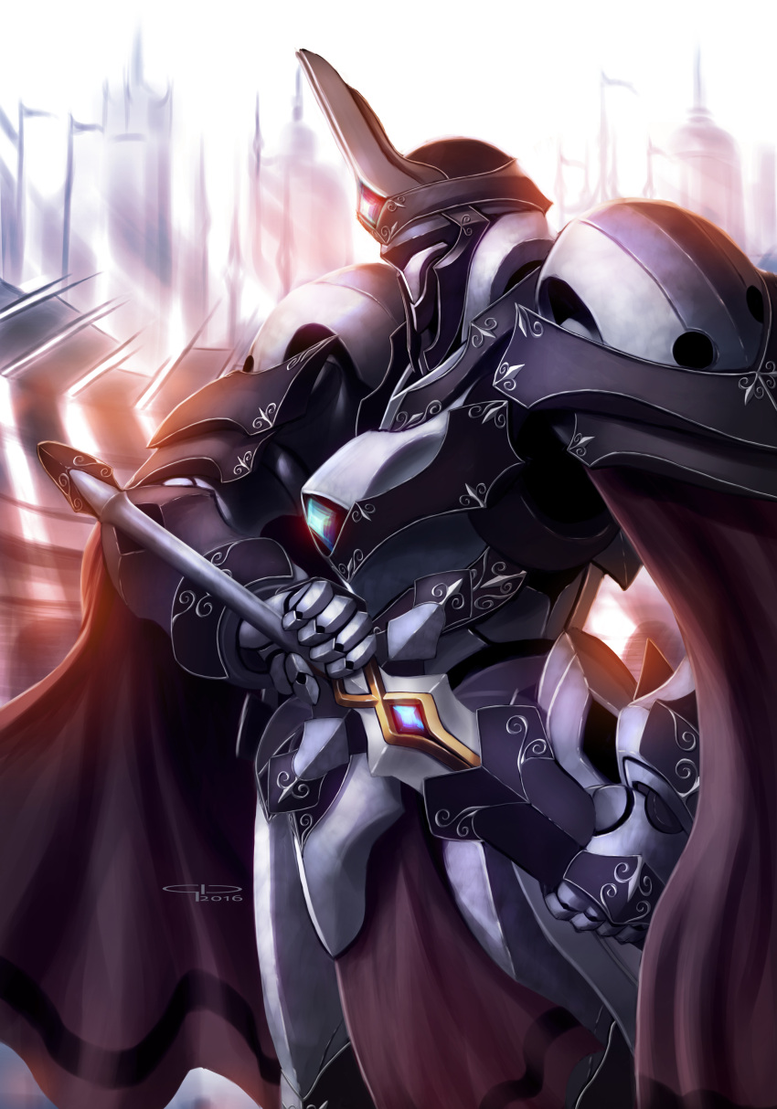 absurdres black_cape cape english_commentary fantasy from_side gio_tengco highres holding holding_sword holding_weapon looking_ahead mecha no_humans original robot sheath solo sword unsheathing weapon