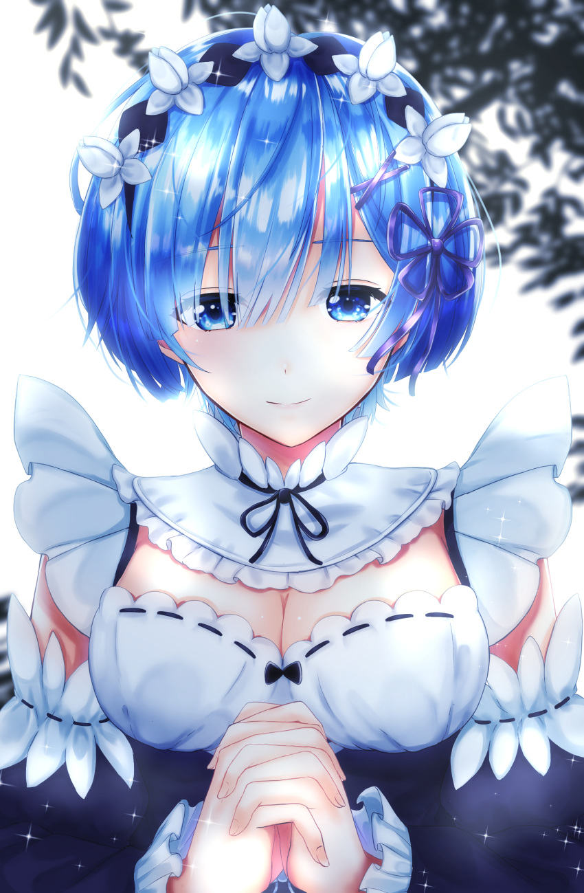 absurdres black_ribbon blue_eyes blue_hair blush breasts cleavage commentary_request detached_sleeves dress female frills hair_ornament hair_ribbon highres looking_at_viewer maid maid_headdress medium_breasts neck_ribbon nei_(aduma1120ponpon) own_hands_clasped own_hands_together purple_ribbon re:zero_kara_hajimeru_isekai_seikatsu rem_(re:zero) ribbon roswaal_mansion_maid_uniform short_hair smile solo white_background x_hair_ornament