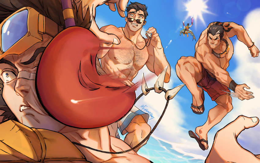 4boys abs arm_hair arm_tattoo artist_name ball bandaid bandaid_on_face bandaid_on_nose bara black_hair blue_eyes blue_sky brown_hair chest_hair cloud cloudy_sky darius_(league_of_legends) day draven falloutbart female goggles hairy happy hitting jarvan_iv_(league_of_legends) jayce_(league_of_legends) jewelry jumping large_pectorals league_of_legends looking_at_another male_focus male_swimwear mature_male multicolored_hair multiple_boys muscular muscular_male necklace nipples ocean oerba_yun_fang one_eye_closed outdoors pectorals pool_party_(league_of_legends) pool_party_draven pool_party_jarvan_iv pool_party_rek'sai rek'sai sandals scar scar_across_eye shorts sky smirk spiked_hair sun sunglasses sunlight sweat sweatdrop tattoo teeth thick_arms thick_eyebrows thick_thighs thighs throwing tooth_necklace topless_male twitter_username whistle whistle_around_neck white_hair worried wristband