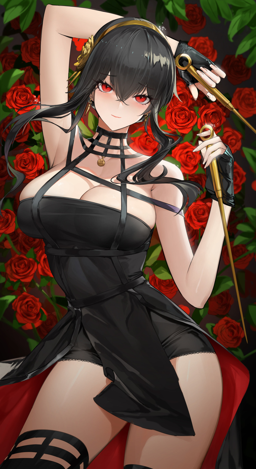 absurdres arm_behind_back arm_up armpits artificial_flower black_dress black_gloves black_hair black_thighhighs breasts cleavage closed_mouth contrapposto dagger dress dual_wielding earrings female fingerless_gloves flower genera-x gloves hair_between_eyes hair_flower hair_ornament highres holding holding_weapon jewelry knife large_breasts lipstick looking_at_viewer makeup red_eyes short_hair_with_long_locks sidelocks sleeveless sleeveless_dress smile solo spy_x_family stiletto_(weapon) thighhighs thighs two-sided_dress two-sided_fabric waist_cape weapon yellow_flower yor_briar