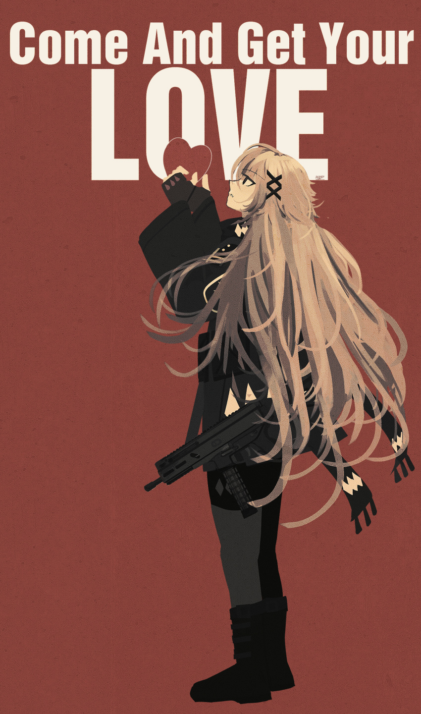 absurdres boots english_text female fingerless_gloves from_side full_body girls'_frontline gloves gun hair_ornament heart highres kanoe_(kanoe502) long_hair long_sleeves md5_mismatch scarf solo sp9_(girls'_frontline) standing stribog_sp9 submachine_gun very_long_hair weapon wide_sleeves x_hair_ornament