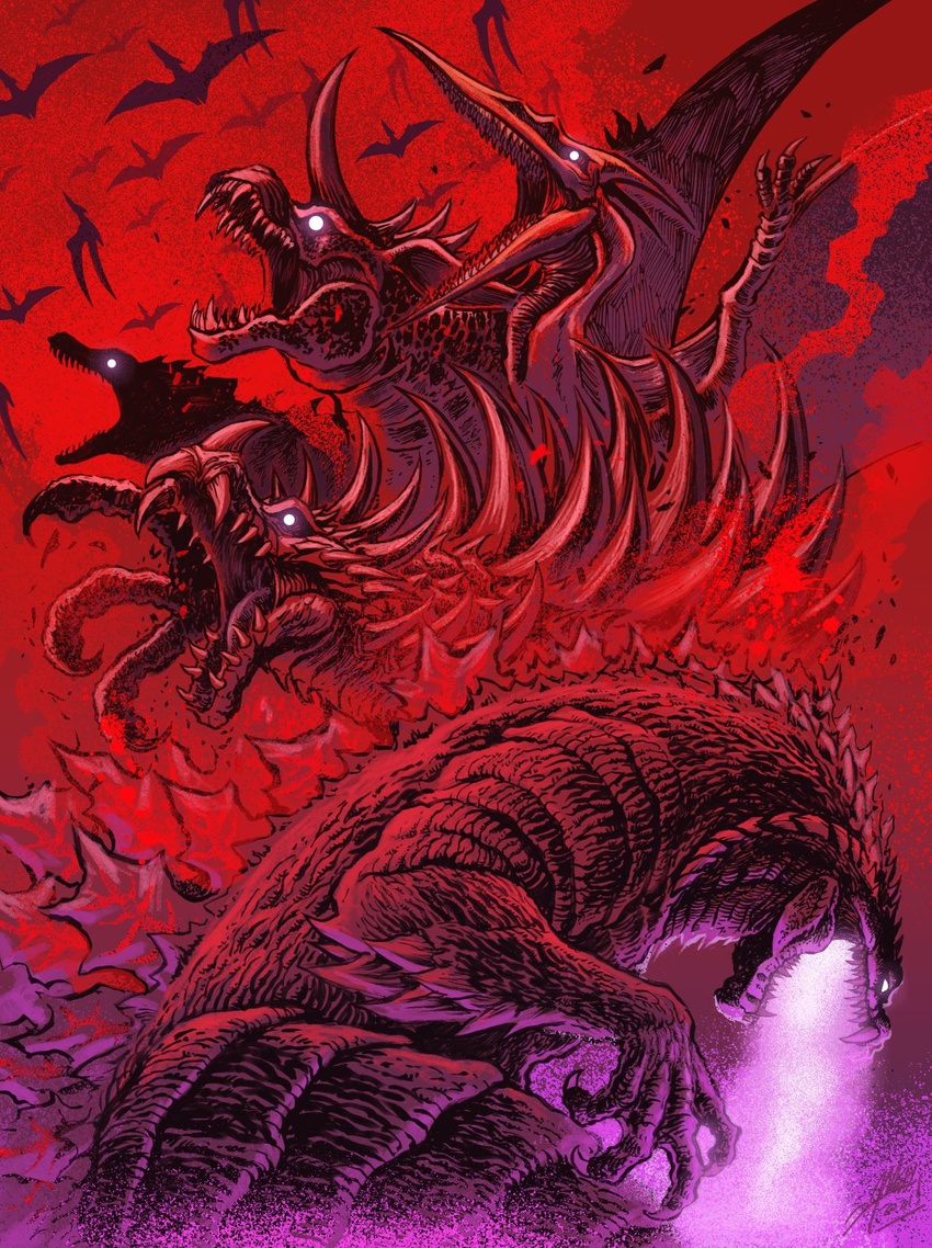 anguirus animal_ears character_request claws fangs fog gabara gabara_(singular_point) giant giant_monster glowing glowing_eyes glowing_mouth godzilla godzilla_(series) godzilla_singular_point godzilla_ultima highres horns kaijuu matt_frank monster no_humans open_mouth rodan rodan_(singular_point) scales sharp_teeth single_horn sky spikes spines tail teeth titanosaurus_(godzilla) titanosaurus_(singular_point) wings