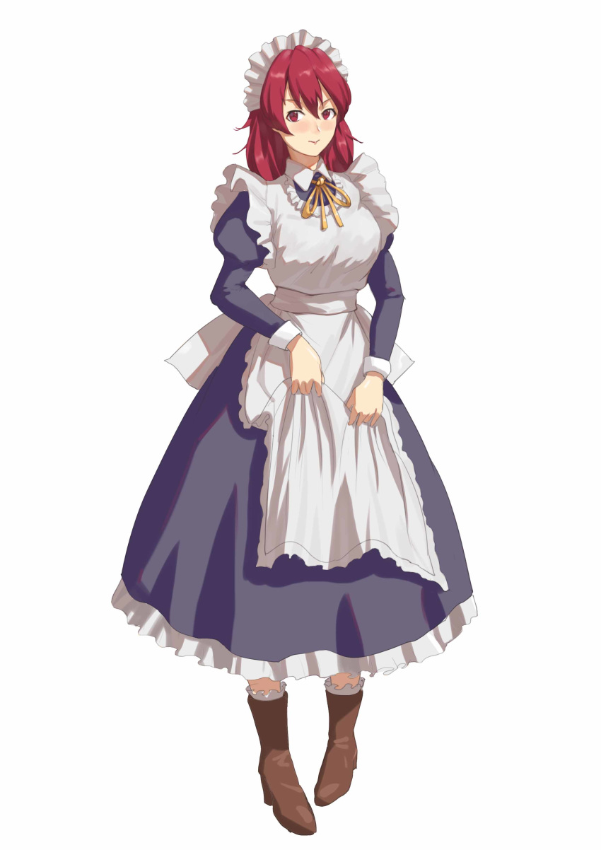 absurdres alternate_costume apron bad_id bad_pixiv_id blue_dress blush breasts brown_footwear cbmus cecily_cambell commentary dress enmaided female full_body highres juliet_sleeves long_hair long_sleeves looking_at_viewer maid maid_apron photoshop_(medium) puffy_long_sleeves puffy_sleeves red_eyes red_hair ribbon seiken_no_blacksmith simple_background solo white_background yellow_ribbon