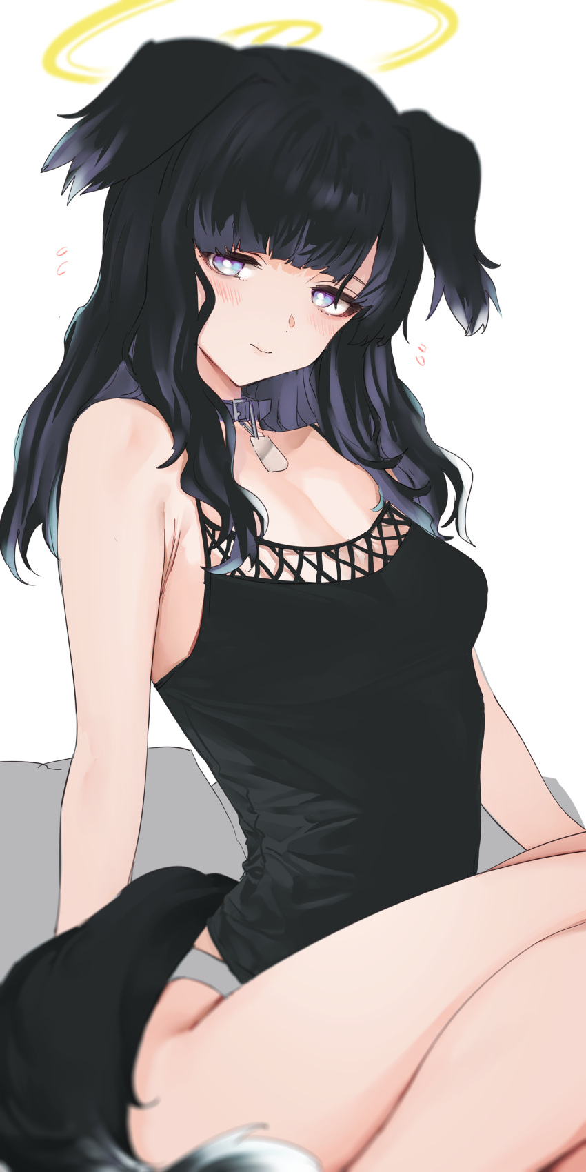 absurdres animal_ears bare_arms bare_legs bare_shoulders black_camisole black_hair blue_archive blush breasts camisole choker collarbone dog_ears dog_girl dog_tags dog_tail female goshiki_suzu halo hibiki_(blue_archive) highres long_hair looking_at_viewer medium_breasts no_pants panties purple_eyes revision simple_background sitting solo tail underwear underwear_only white_background white_panties yellow_halo